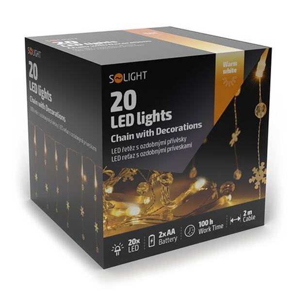 Vianočné osvetlenie Solight reťaz s ozdobnými príveskami 20LED, 2m, 2x AA 

