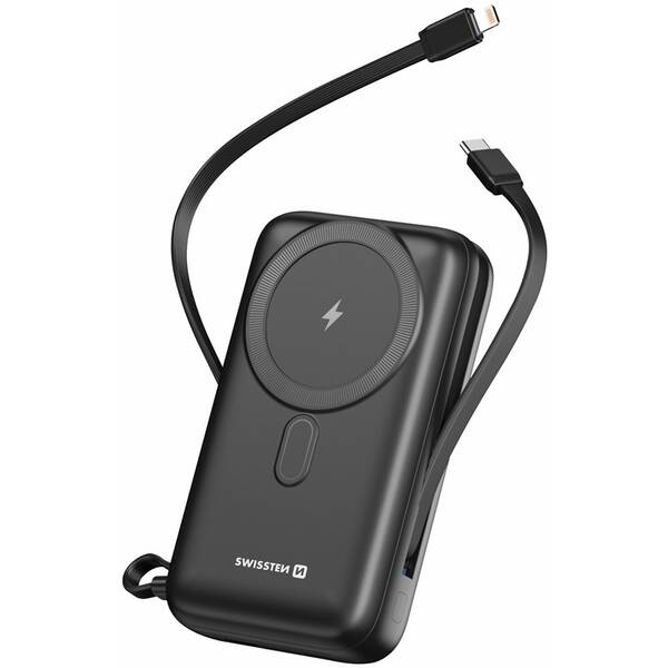 Powerbank Swissten 20000 mAh, PD 20W s integrovanými káblami USB-C a Lightning (kompatibilný s MagSafe) čierny

