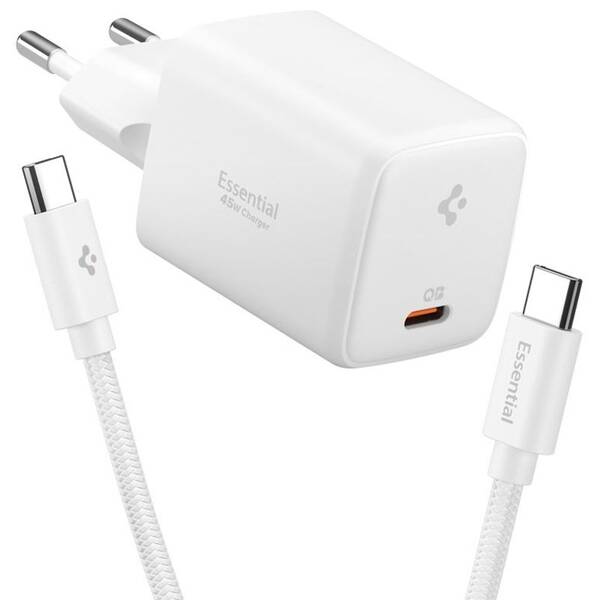 Nabíjačka do siete Spigen Essential 45W, USB-C + USB-C kabel biela

