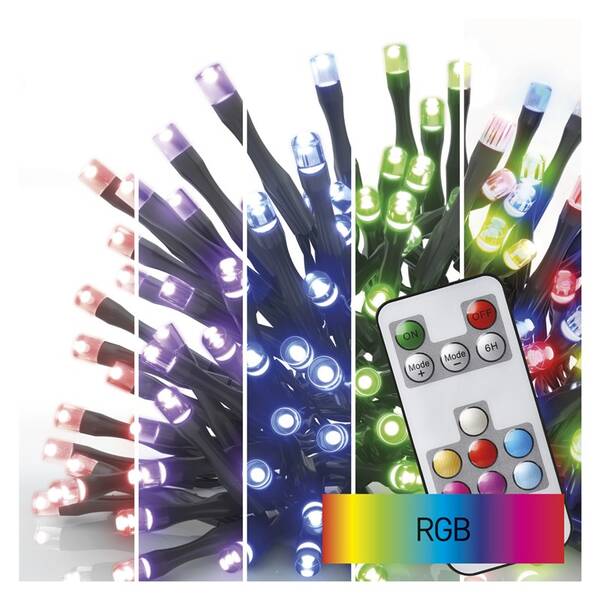 Vianočné osvetlenie EMOS 120 LED reťaz, 12 m, vonkajšie aj vnútorné, RGB, ovládač, programy, časovač 

