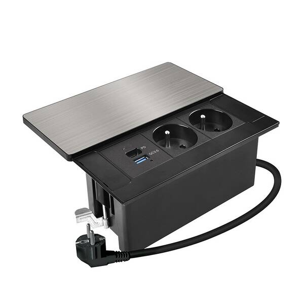 Zásuvkový modul Solight 2 zásuvky, USB-A, USB-C, PD 20W, s posuvným krytom, 2 m strieborný

