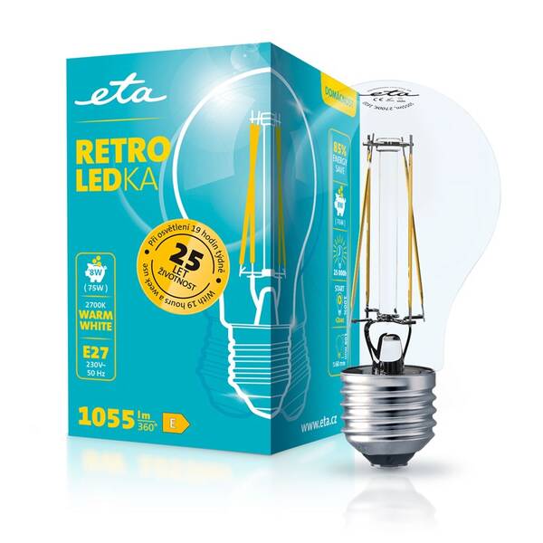 LED žiarovka ETA RETRO LEDka klasik filament 8W, E27, teplá biela 


