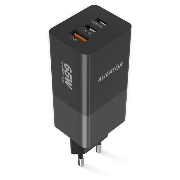 Nabíjačka do siete Aligator GaN, PD 65W, 2xUSB-C + USB čierna

