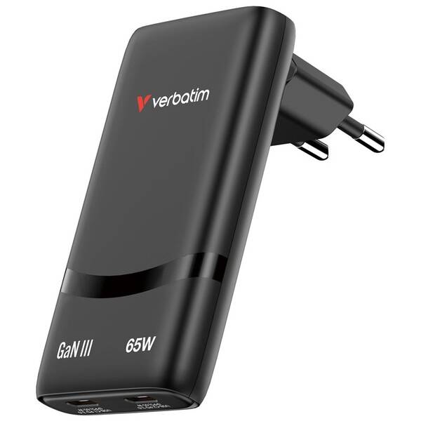 Nabíjačka do siete Verbatim Fold 'n' Go 65W, 2×USB-C PD3.0 čierna

