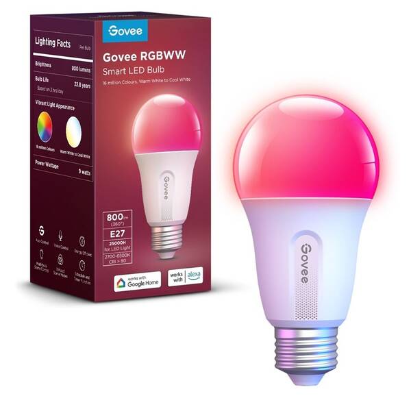 Inteligentná žiarovka Govee E27, RGBWW, 9W-60W, 800lm, Long Life, Matter 

