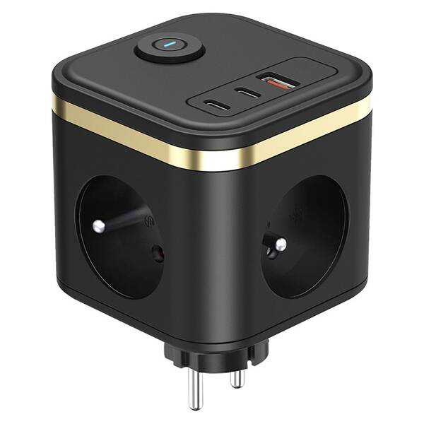 Rozbočovacia zásuvka Viking Y33B, 3x zásuvka, 1x USB-A, 2x USB-C, vypínač čierna

