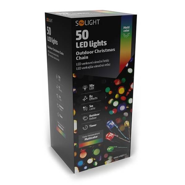 Vianočné osvetlenie Solight reťaz, 50 LED, 5+3m, 8 funkcií, časovač, IP44, viacfarebný 

