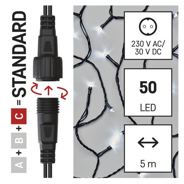 Spojovacia reťaz EMOS 50 LED Standard, 5 m, vonkajšia aj vnútorná, studená biela, časovač 

