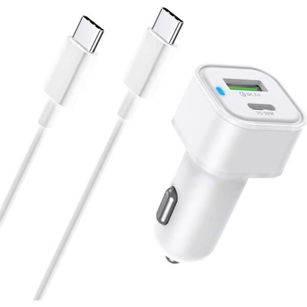 Adaptér do auta Sturdo USB/USB-C QC 3.0 PD 30 W  + 1 m USB-C kabel biely

