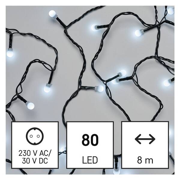 Vianočné osvetlenie EMOS 80 LED cherry reťaz - guličky, 8 m, vonkajšia aj vnútorná, studená biela, časovač 

