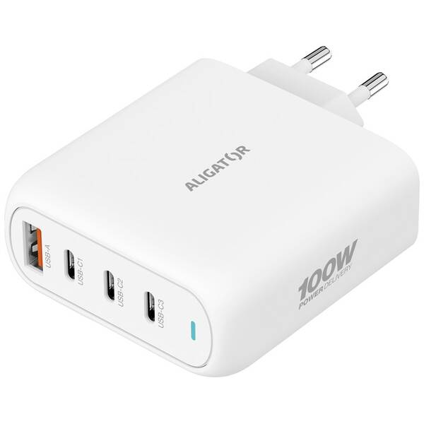 Nabíjačka do siete Aligator Power Delivery 100W, 3× USB-C + 1× USB-A biela

