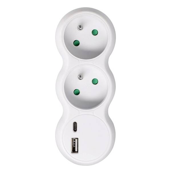 Rozbočovacia zásuvka Solight 2 x 10A, USB A+C rýchlonabíjačka 20W PD biela

