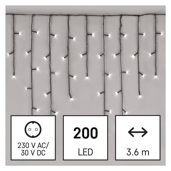 Vianočné osvetlenie EMOS 200 LED cencúle, 3,6 m, vonkajšie aj vnútorné, studená biela, programy 

