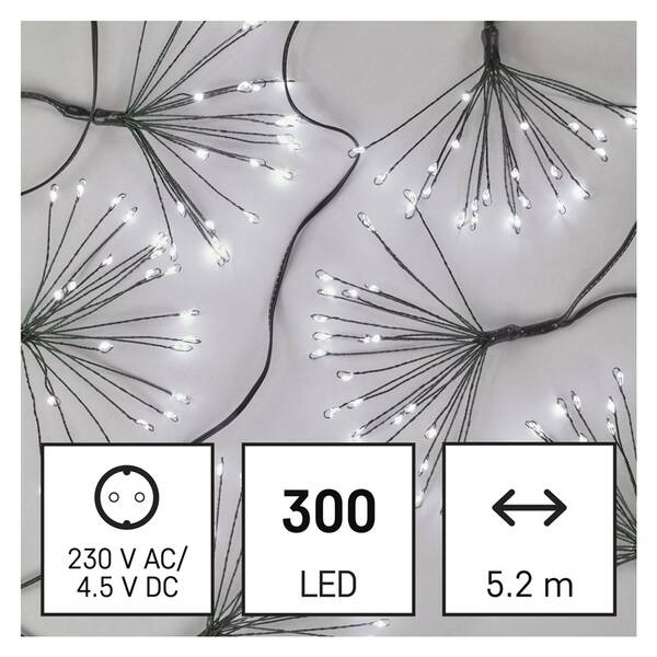 Vianočné osvetlenie EMOS 300 LED reťaz - svietiace trsy, nano, 5,2 m, vnútorná, studená biela, časovač 

