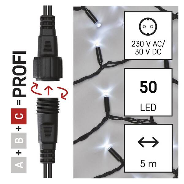 Spojovacia reťaz EMOS 50 LED Profi čierny, 5 m, vonkajšia aj vnútorná, studená biela, časovač 

