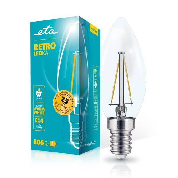 LED žiarovka ETA RETRO LEDka sviečka filament 6W, E14, teplá biela 

