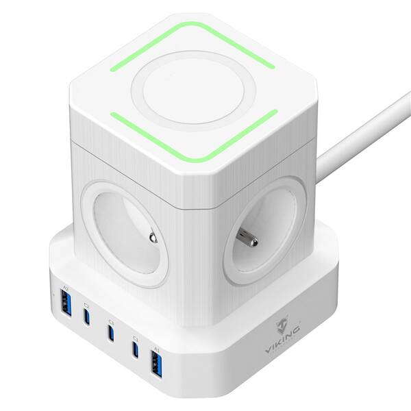 Kábel predlžovací Viking ACT45W, 4x zásuvka, 3x USB-C a 2x USB-A, vypínač, 2m biely

