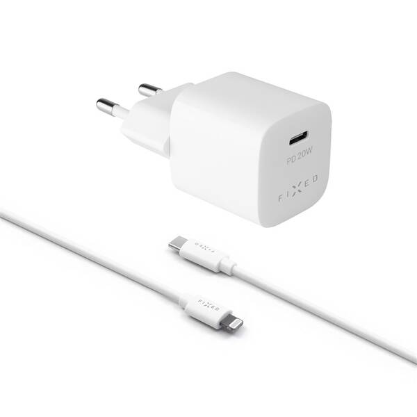 Nabíjačka do siete FIXED Mini USB-C PD 20W, MFI + Lightning kábel 1m biela

