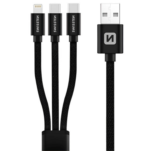 Kábel Swissten 3v1, USB/2x USB-C, Lightning, 1,2 m čierny

