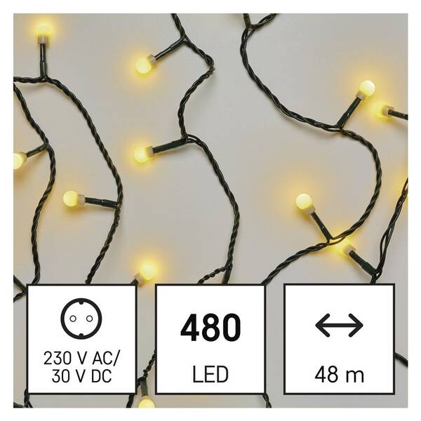 Vianočné osvetlenie EMOS 480 LED cherry reťaz - guličky, 48 m, vonkajšia aj vnútorná, teplá biela, časovač 


