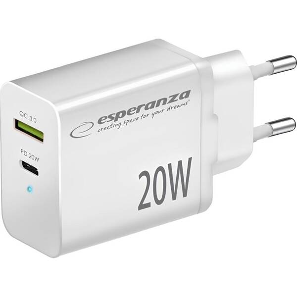 Nabíjačka do siete Esperanza EZC105W USB/USB-C PD QC 3.0 20 W biela

