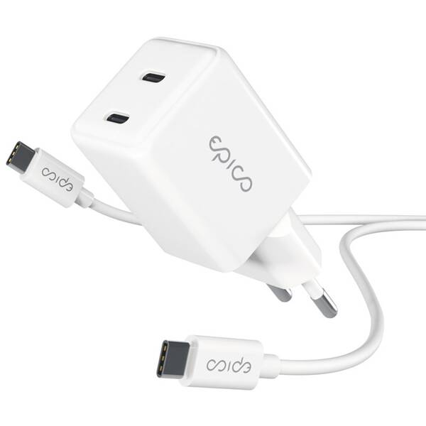 Nabíjačka do siete Epico UltraBoost GaN 35W 2xUSB-C + USB-C kabel 1,2m biela

