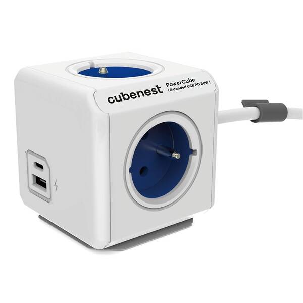 Kábel predlžovací Cubenest Powercube Extended USB PD 20W, USB, USB-C, 4x zásuvka, 1,5m biely/modrý

