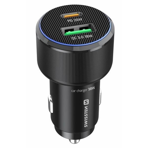 Adaptér do auta Swissten USB-C PD + USB-A, 38W čierny

