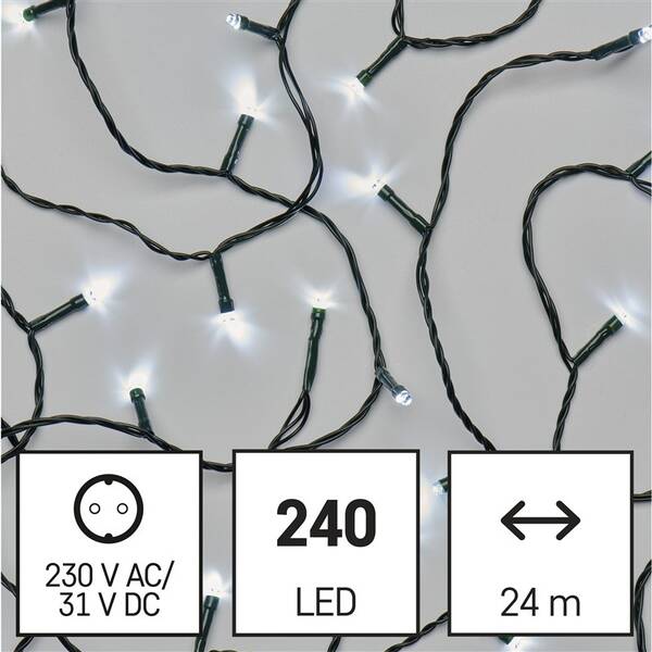 LED reťaz EMOS 240LED reťaz, 24 m, vonkajšia aj vnútorná, studená biela, programy, časovač 

