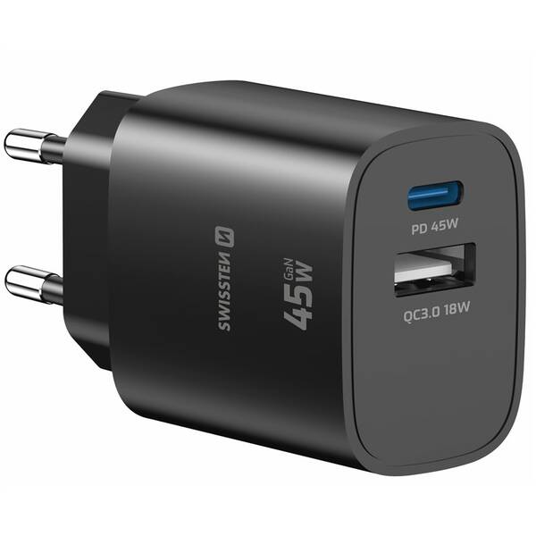 Nabíjačka do siete Swissten EDGE GaN 1x USB-C PD 45W/1x USB-A 18W QC čierna

