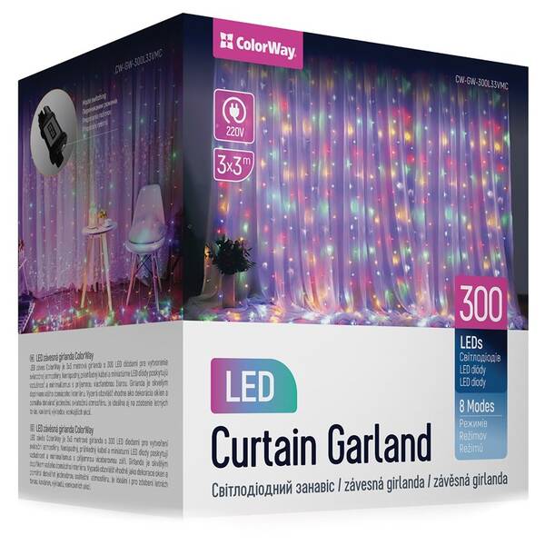 Vianočné osvetlenie ColorWay vnútorné, 300 LED, 3× 3m, 220–240V AC, viacfarebné 

