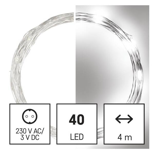 Vianočné osvetlenie EMOS 40 LED nano reťaz strieborná, 4 m, vonkajšia aj vnútorná, studená biela, časovač 

