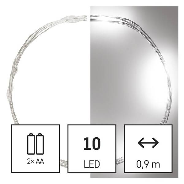 Vianočné osvetlenie EMOS 10 LED nano reťaz strieborná, 0,9 m, 2x AA, vnútorná, studená biela, časovač 

