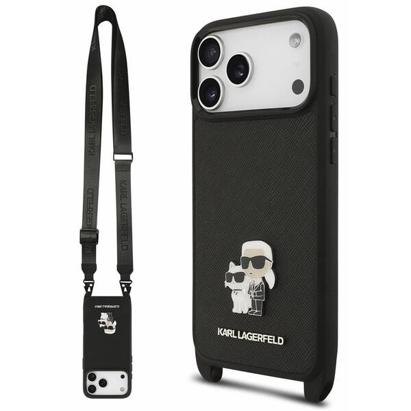 Kryt na mobil Karl Lagerfeld Saffiano Crossbody Popruh Metal Karl and Choupette na Apple iPhone 18 Pro Max čierny

