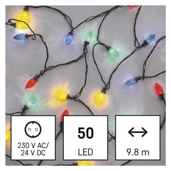 Vianočné osvetlenie EMOS 50 LED reťaz, farebné žiarovky, 9,8 m, multicolor, multifunkcia 

