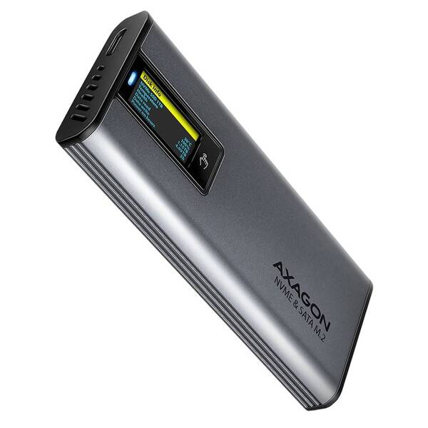 Externý rámček Axagon DISPLAY box, USB-C 10Gbps - M.2 NVMe & SATA SSD sivý


