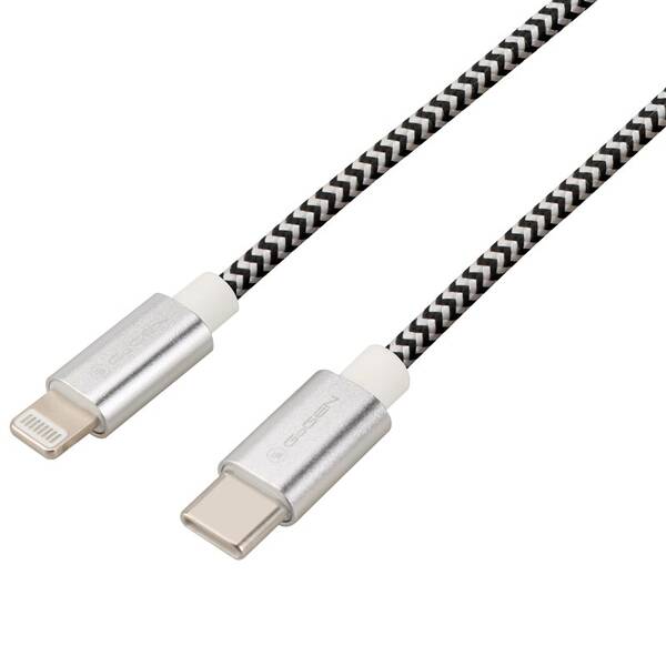 Kábel GoGEN USB-C / Lightning, 1m, opletený, skúmavka strieborný

