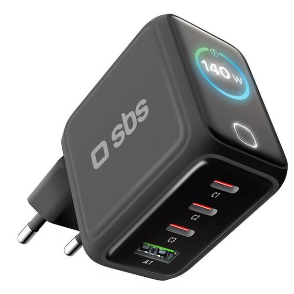 Nabíjačka do siete SBS Smart GaN 3x USB-C/USB-A, PD, 140 W čierna

