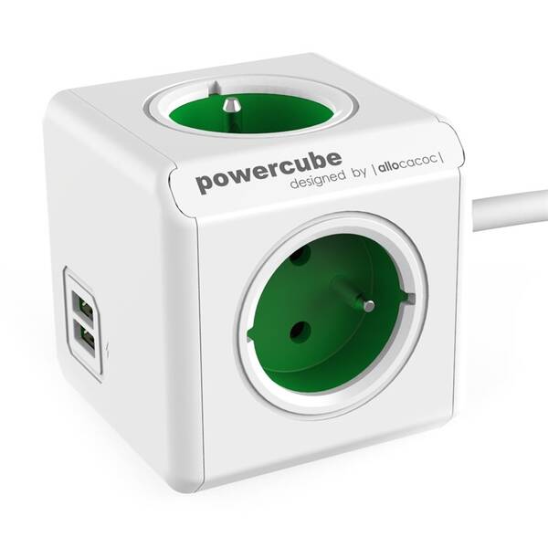 Kábel predlžovací Powercube USB, 4x zásuvka, 2x USB, 1,5m zelený


