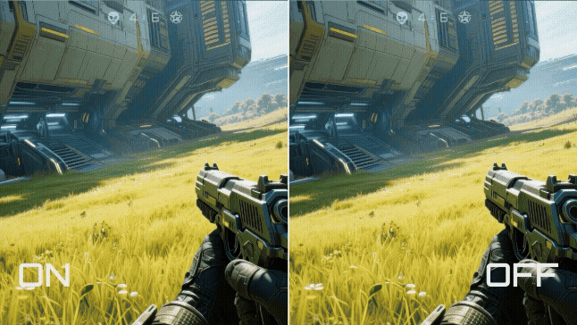 Vľavo pištoľ a ostrý obraz pri použití stabilizátora na monitore GIGABYTE G25F2, vpravo tá istá, ale rozmazaná scéna bez stabilizácie
