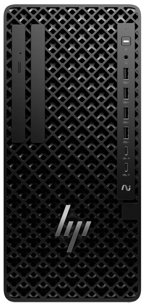 Stolný počítač HP Z1 Tower G1i čierny Na obrázku je čelný pohľad na čierny stolný počítač HP Z1 Tower G1i. Celé čelo pokrýva výrazná perforovaná mriežka s pravidelným kosoštvorcovým vzorom. Vľavo sú dve zvislé úzke pozície, jedna s malým otvorom a štrbinou. Vpravo je zvislý ovládací panel s tlačidlom zapnutia, konektorom pre slúchadlá, štyrmi USB portami a dvoma USB-C portami. V spodnej časti je výrazné logo HP.