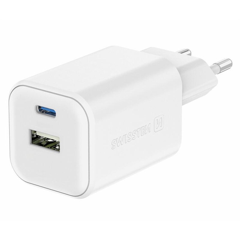 Nabíjačka do siete Swissten GAN 1x USB-C 45W PD + 1x USB-A 18W QC biela