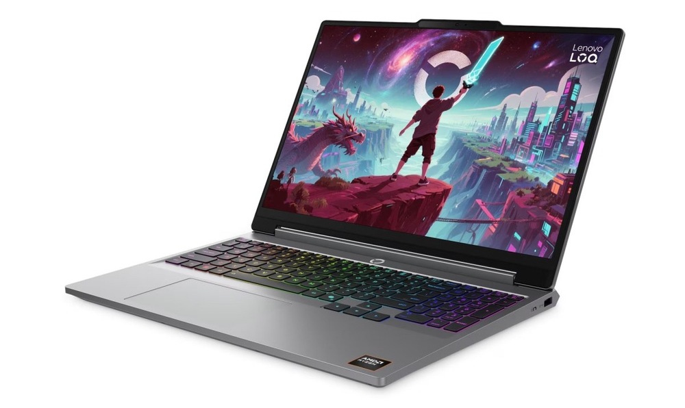 Otvorený a zapnutý notebook Lenovo LOQ 15AHP11 otočený doľava