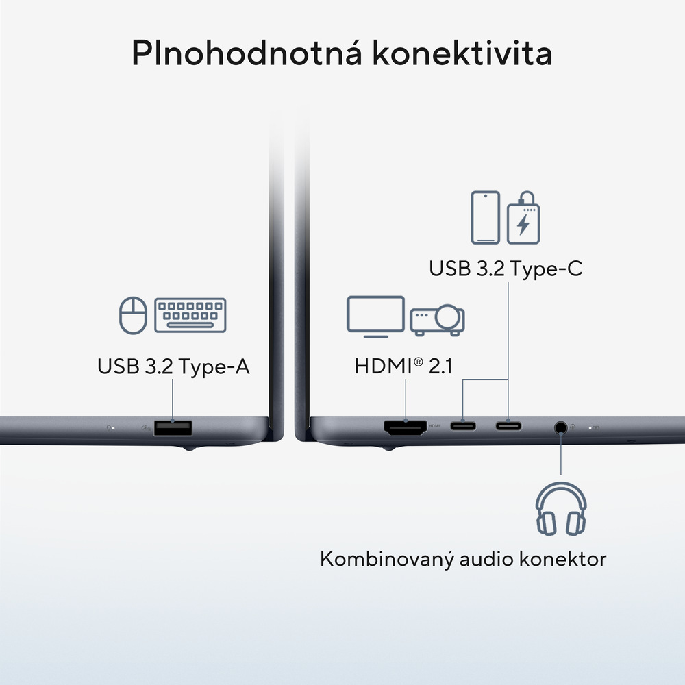 plnohodnotnú výbavu konektorov, ktorá zahŕňa port USB 3.2 Type-A, dva porty USB 3.2 Type-C, HDMI® 2.1 a kombinovaný audio konektor