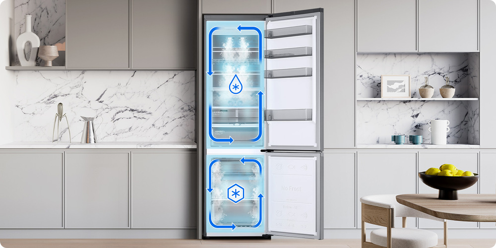 Otvorená chladnička so znázornením funkcie dvojitého chladenia Twin Cooling