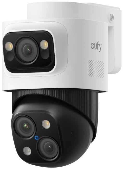 Detail duálnej kamery eufy S4 Max s horným širokouhlým objektívom a spodnou PTZ jednotkou
