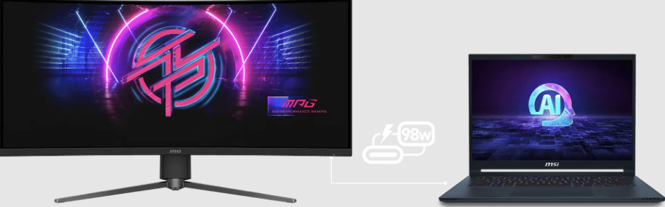 Monitor MSI MPG 346CQRF X24 prepojený s notebookom cez USB-C s napájaním až 98 W