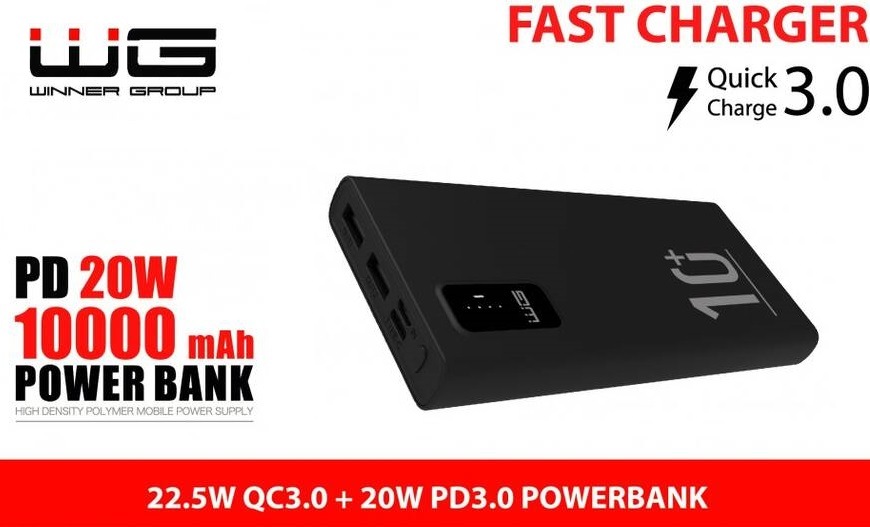 Powerbank WG 10 000 mAh + PD USB-C 20W + QC 3.0 22,5W čierna WG 10165