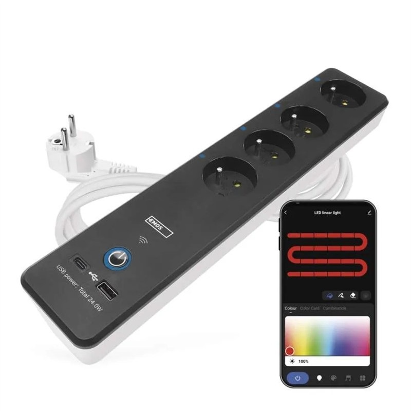 Kábel predlžovací EMOS GoSmart, 4x zásuvka, 1x USB, 1x USB-C, vypínač, meranie spotreby, 2m - čierny/biely