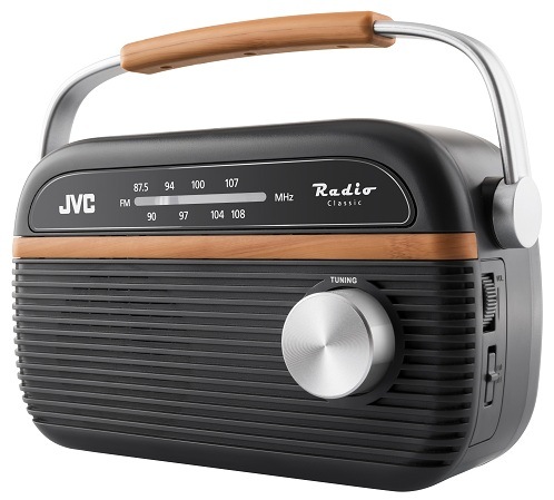 Šedé analógové rádio JVC RA-E215G v retro dizajne so strieborným otočným ovládačom a praktickým madlom